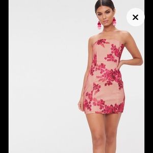 fuchsia bandeau embroidered lace bodycon dress